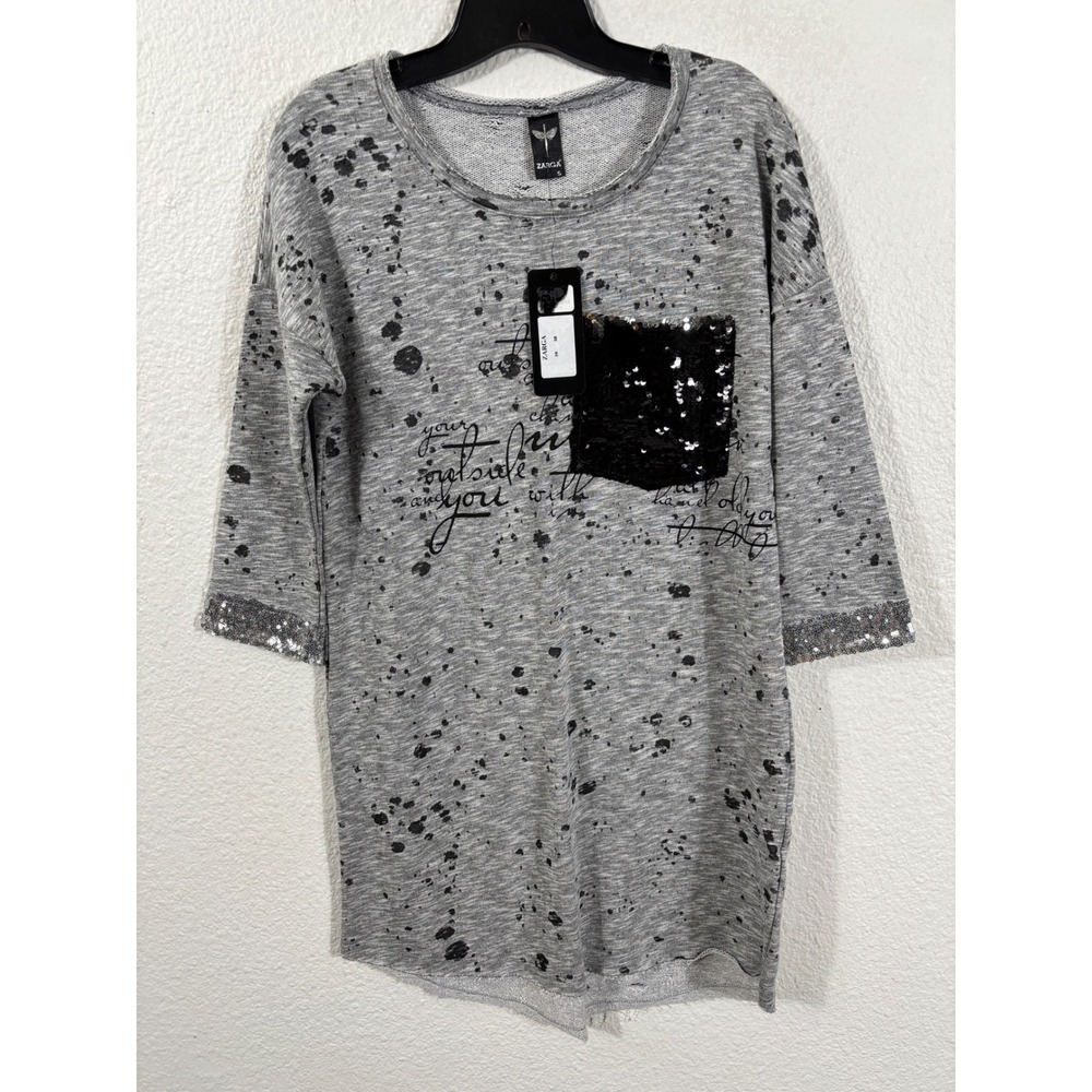 Zarga T-Shirt Women Small Gray New Sequin Pocket Splatter Print Script Edgy 3/4
